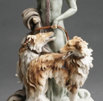 After Giuseppe Armani (1936 - 2006), Capodimonte Composition Figure Of Woman With Wolfhounds
